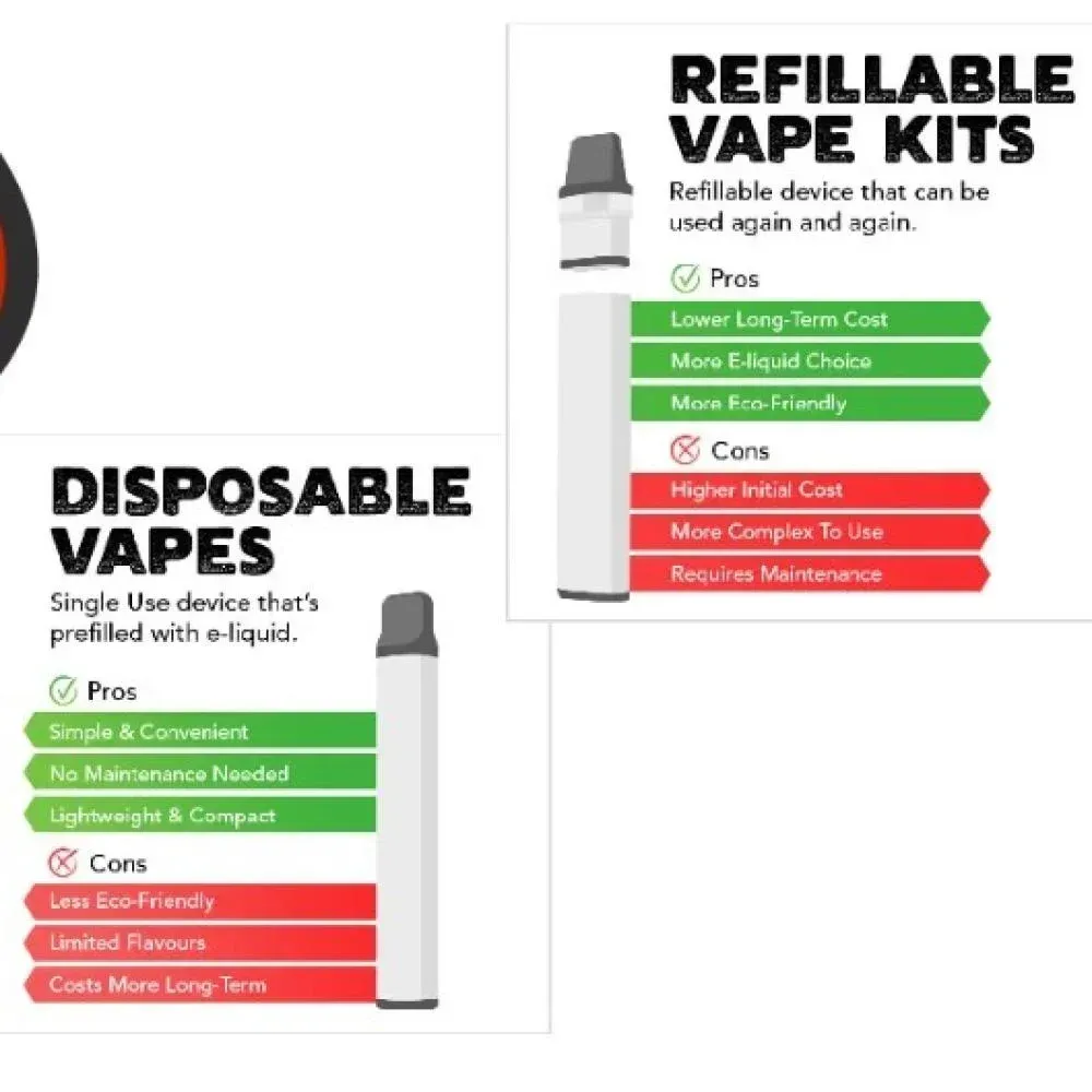 A person holding a sleek, compact disposable vape device in one hand and a bottle of e-liquid next to a refillable vape mod in the other, illustrating the difference in product types.