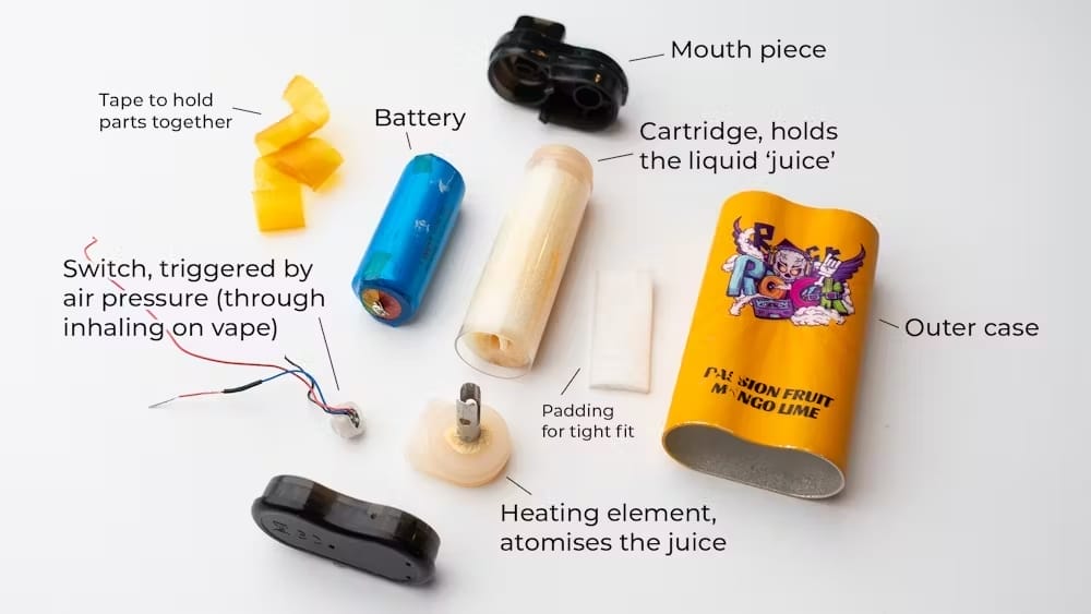 An anatomy diagram showing the internal components of a disposable vape, including the integrated battery, e-liquid reservoir, and heating coil.
