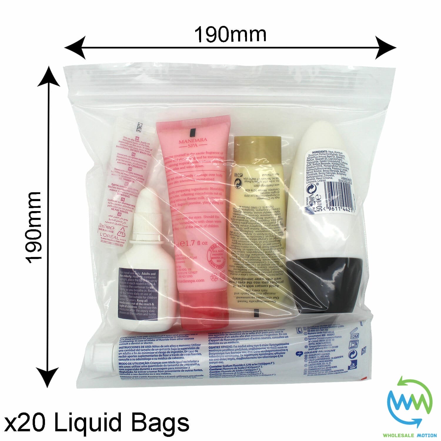 Small e-liquid bottles (100ml or less) neatly arranged inside a transparent, resealable plastic bag for international airport security.
