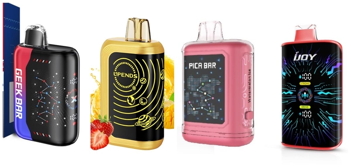 A modern vape device with an edge-to-edge full-face interactive display panel covering the entire front.