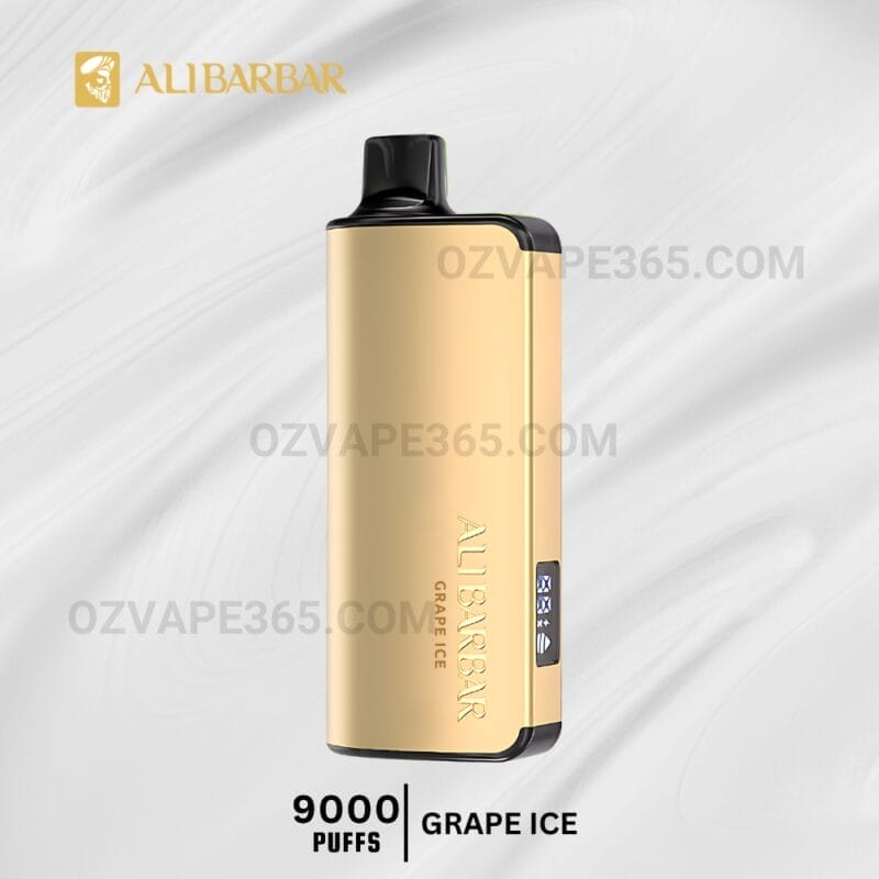 A side-by-side display of ALIBARBAR, UMIN, and IGET brand disposable vape devices, all featuring grape ice flavour variants, for visual comparison.