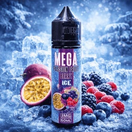 A vibrant collection of fresh fruits like strawberries, mangoes, and blueberries, possibly alongside vape liquid bottles labeled with corresponding fruit flavors.