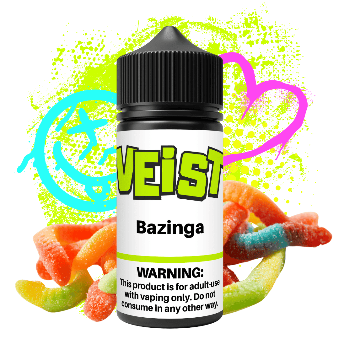 An assortment of colorful gummy candies, lollipops, and other sweet treats, next to vape liquid bottles with