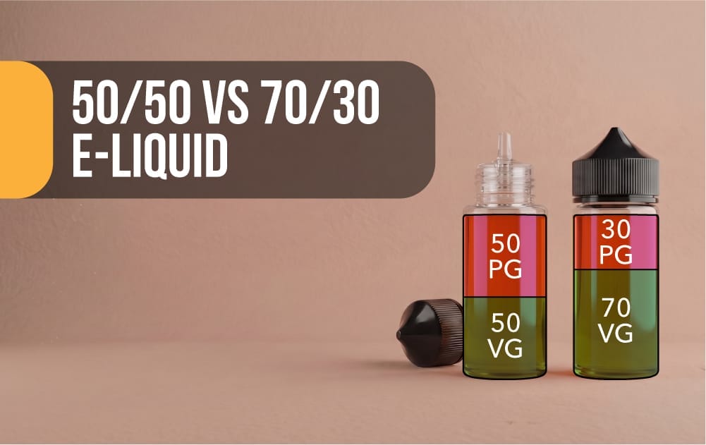 Bottles of e-liquid clearly labeled with 50% PG / 50% VG ratio, suitable for MTL vaping.
