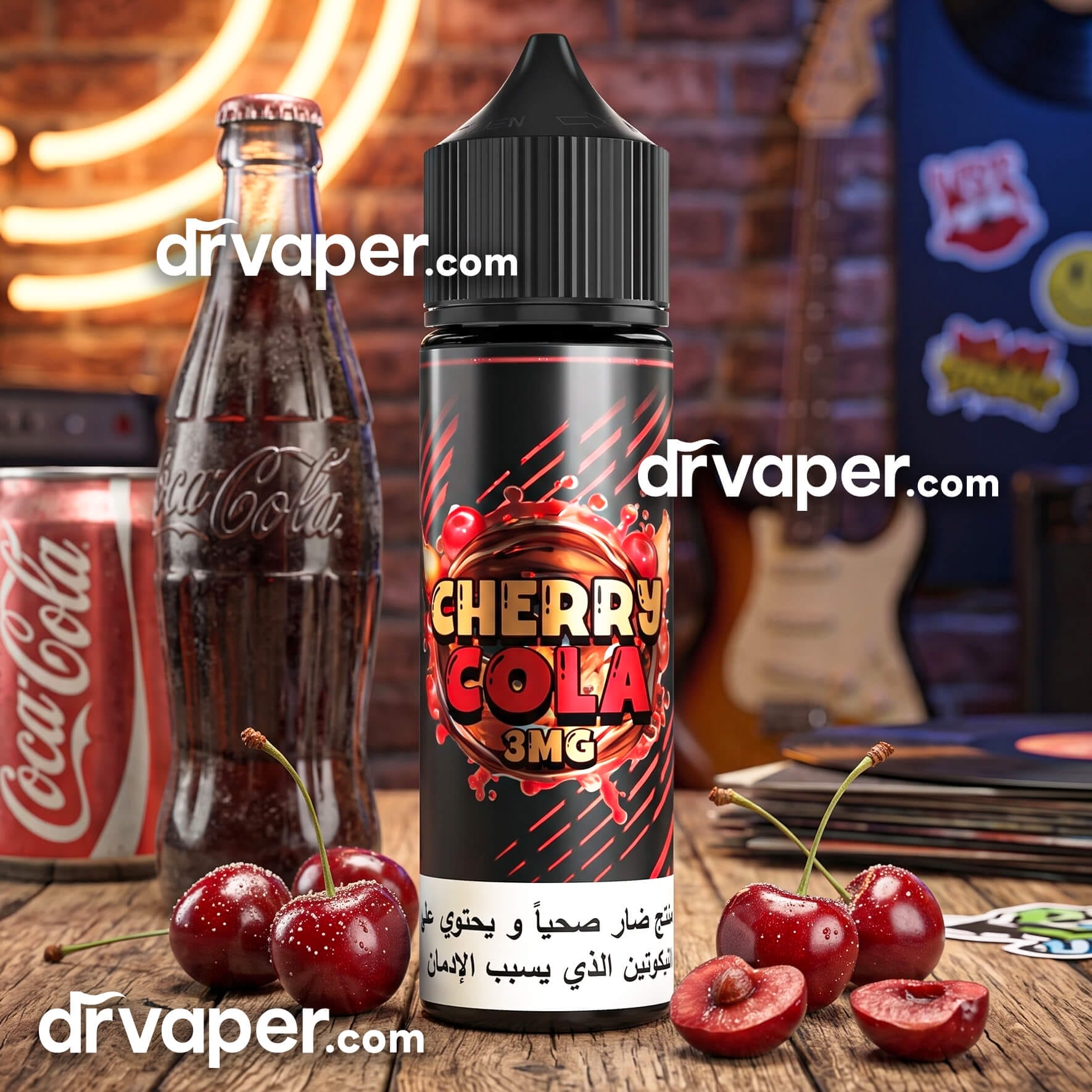 A collage of ingredients like cinnamon sticks, vanilla pods, citrus peels, and cola bottle gummy candies, representing the diverse components of cola vape flavors.