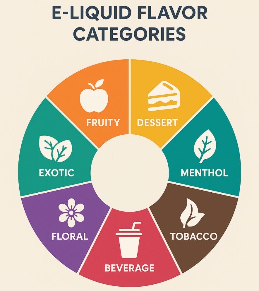 An infographic or diagram visually categorizing different vape liquid profiles like fruit, ice, mint, candy, drink, and dessert, possibly with icons.