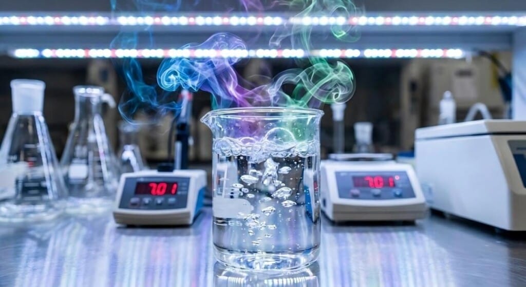 Abstract representation of carbonation bubbles in a drink contrasted with a smooth vapor cloud, illustrating the challenge of simulating fizz in vapes.