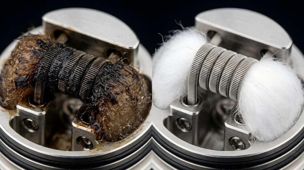 A close-up of a vape coil clogged with dark, caramelized residue from sweet e-liquids, next to a clean coil for comparison.