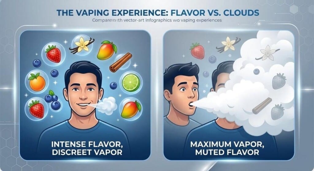 A visual comparison showing a vaper exhaling large, dense clouds of vapor (typical of low-resistance setups) next to another vaper exhaling light, discreet vapor (typical of high-resistance setups).