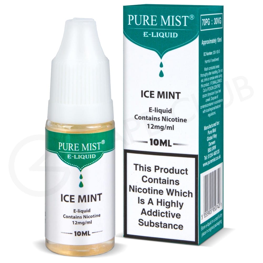 A vape e-liquid bottle with an Ice or Chilled label, surrounded by frost, ice cubes, or a frozen fruit image, to convey a pure cold sensory experience.