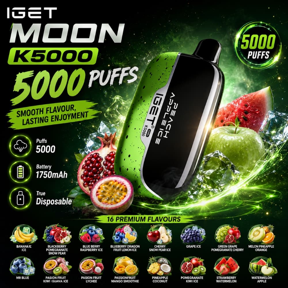A person taking a focused, restricted mouth-to-lung (MTL) draw from an IGET MOON K5000 vape, with a subtle, controlled vapor cloud.