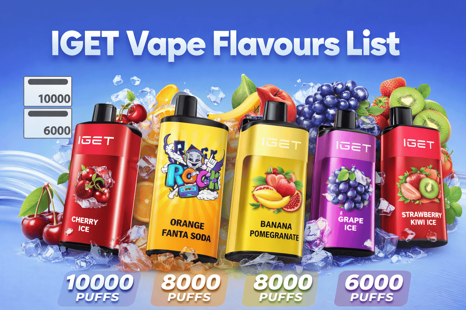 An arrangement of fresh fruits and mint leaves next to IGET vape devices, visually representing their flavour profiles.
