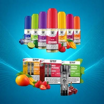 A vibrant collection of various vape juice bottles or cartridges, representing a wide range of fruit, dessert, menthol, and tobacco flavors.