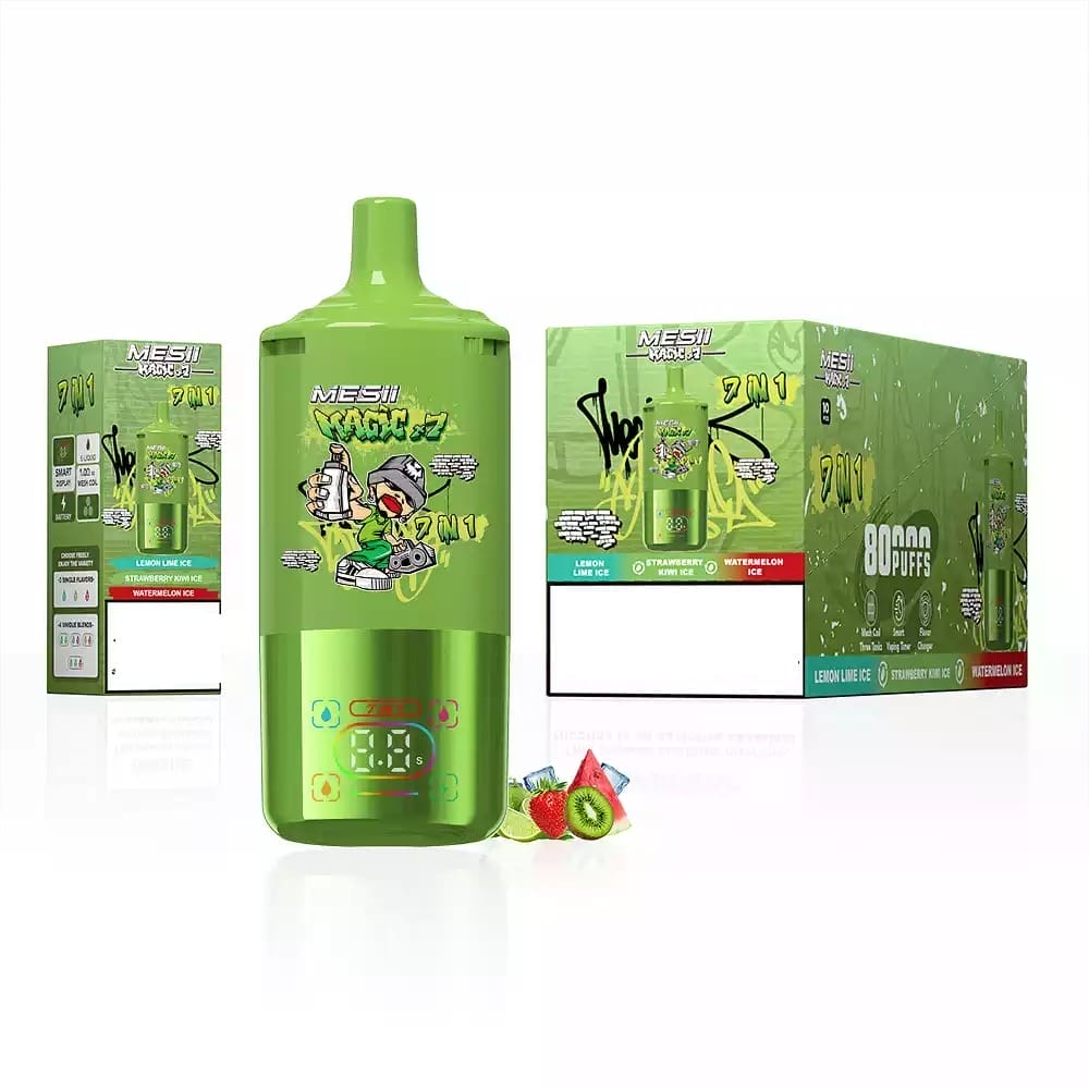 An array of fresh fruits like mango, strawberries, watermelon, and apples arranged around various disposable vape devices, highlighting fruit-flavored vapes.