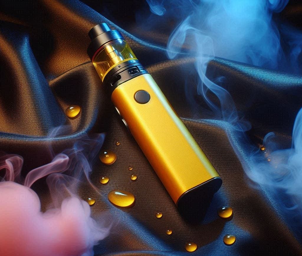 A disposable vape pen placed clearly next to an open refrigerator or freezer door, with a visible