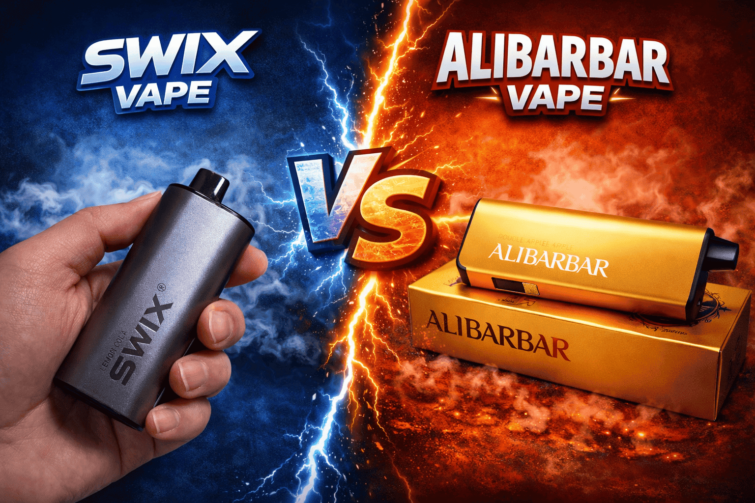 Two hands holding an ALIBARBAR metallic disposable vape and a UMIN lightweight ergonomic disposable vape, showcasing their design contrast.
