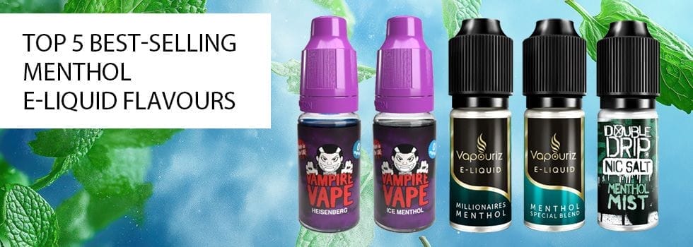 A vape e-liquid bottle with a Menthol label, accompanied by imagery of ice crystals or a sharp, crisp sensation, representing its signature throat hit.