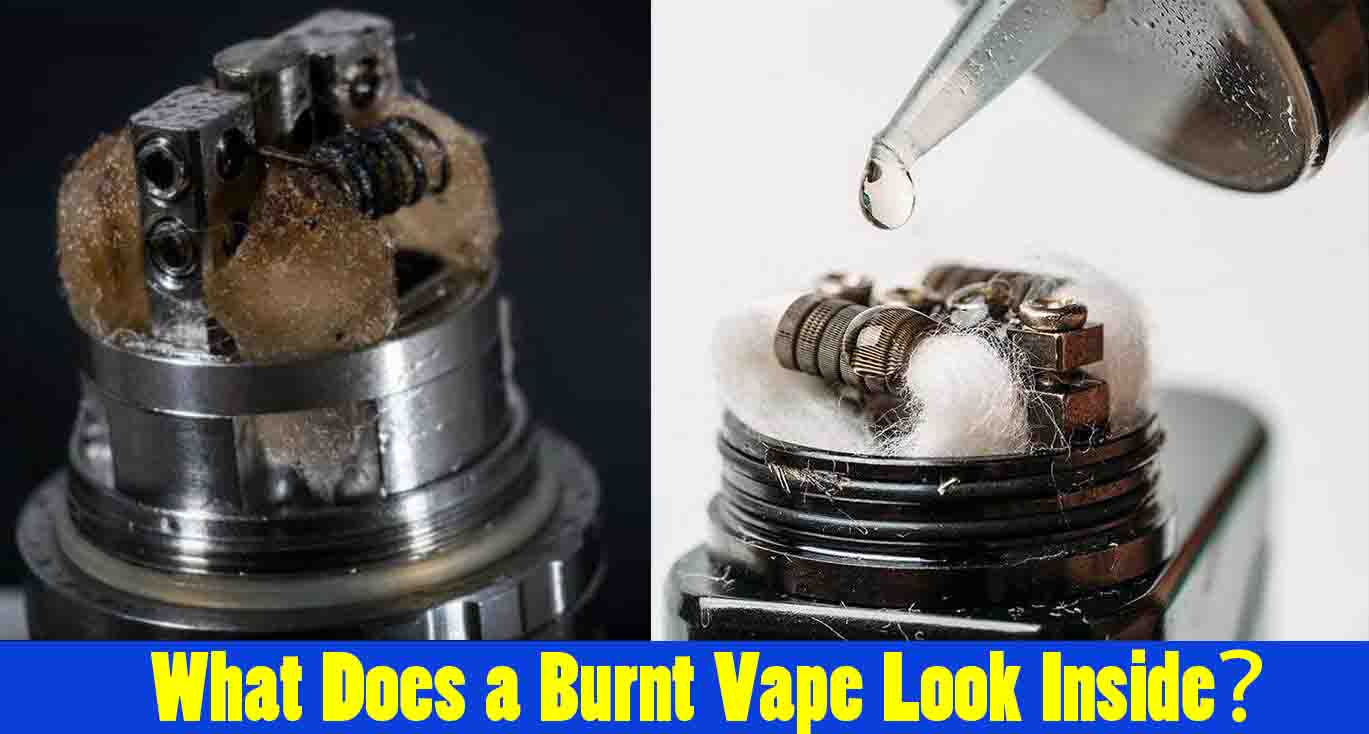 A side-by-side comparison of two vape coils: one appears brand new and clean with fresh white cotton, while the other is visibly used, showing dark residue and wear on the coil and cotton.
