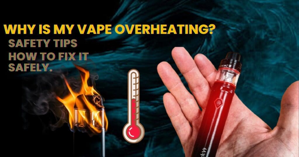 An illustration of a vape device highlighting different sections like the mouthpiece, tank/pod, and battery housing, indicating where unsafe heat might occur.